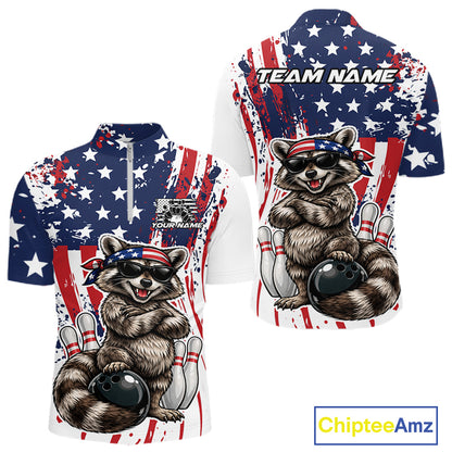 Funny Raccoon Custom Patriotic Bowling Team Jersey, Bowling Quarter Zip Shirt For Men IPHW12158