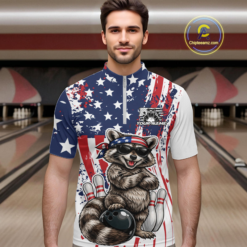 Funny Raccoon Custom Patriotic Bowling Team Jersey, Bowling Quarter Zip Shirt For Men IPHW12158