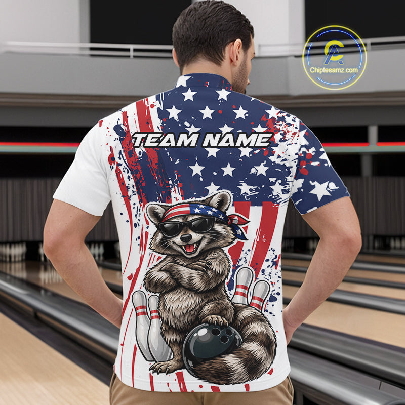 Funny Raccoon Custom Patriotic Bowling Team Jersey, Bowling Quarter Zip Shirt For Men IPHW12158