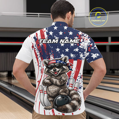 Funny Raccoon Custom Patriotic Bowling Team Jersey, Bowling Quarter Zip Shirt For Men IPHW12158