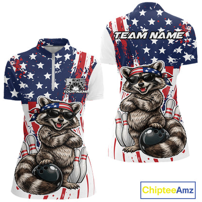 Funny Raccoon Custom Patriotic Bowling Team Jersey, Bowling Quarter-Zip Shirt For Women IPHW12158