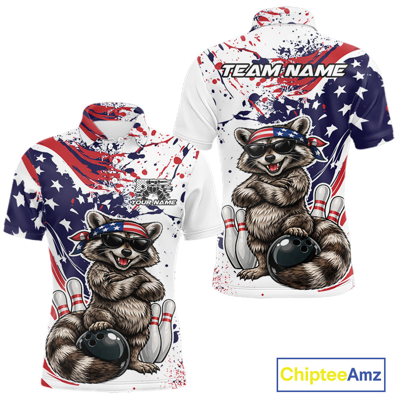 Custom Patriotic Funny Raccoon Bowling Men Polo Shirt, Splatter US Flag Bowling Jersey IPHW12159