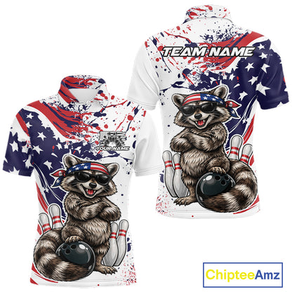 Custom Patriotic Funny Raccoon Bowling Men Polo Shirt, Splatter US Flag Bowling Jersey IPHW12159