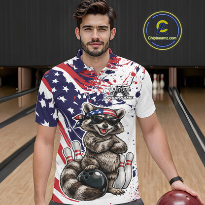 Custom Patriotic Funny Raccoon Bowling Men Polo Shirt, Splatter US Flag Bowling Jersey IPHW12159