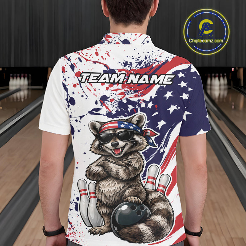 Custom Patriotic Funny Raccoon Bowling Men Polo Shirt, Splatter US Flag Bowling Jersey IPHW12159