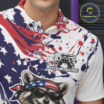 Custom Patriotic Funny Raccoon Bowling Men Polo Shirt, Splatter US Flag Bowling Jersey IPHW12159