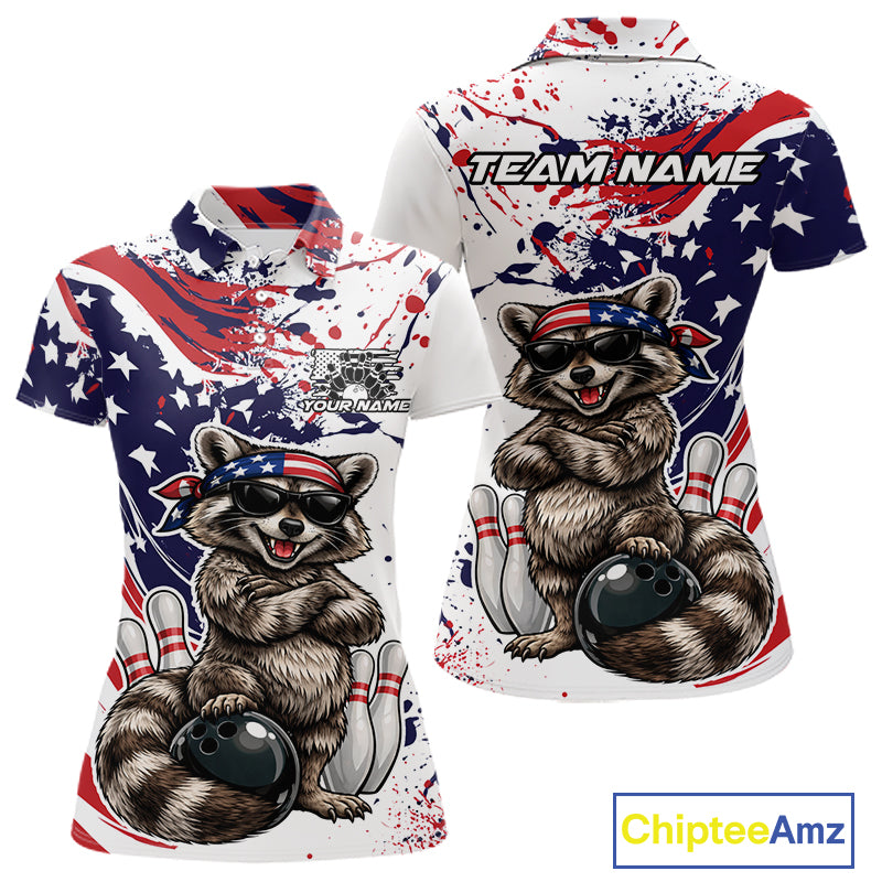 Custom Patriotic Funny Raccoon Bowling Women Polo Shirt, Splatter US Flag Bowling Jersey IPHW12159