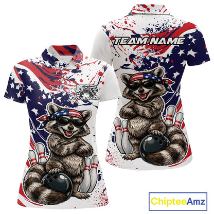 Custom Patriotic Funny Raccoon Bowling Women Polo Shirt, Splatter US Flag Bowling Jersey IPHW12159