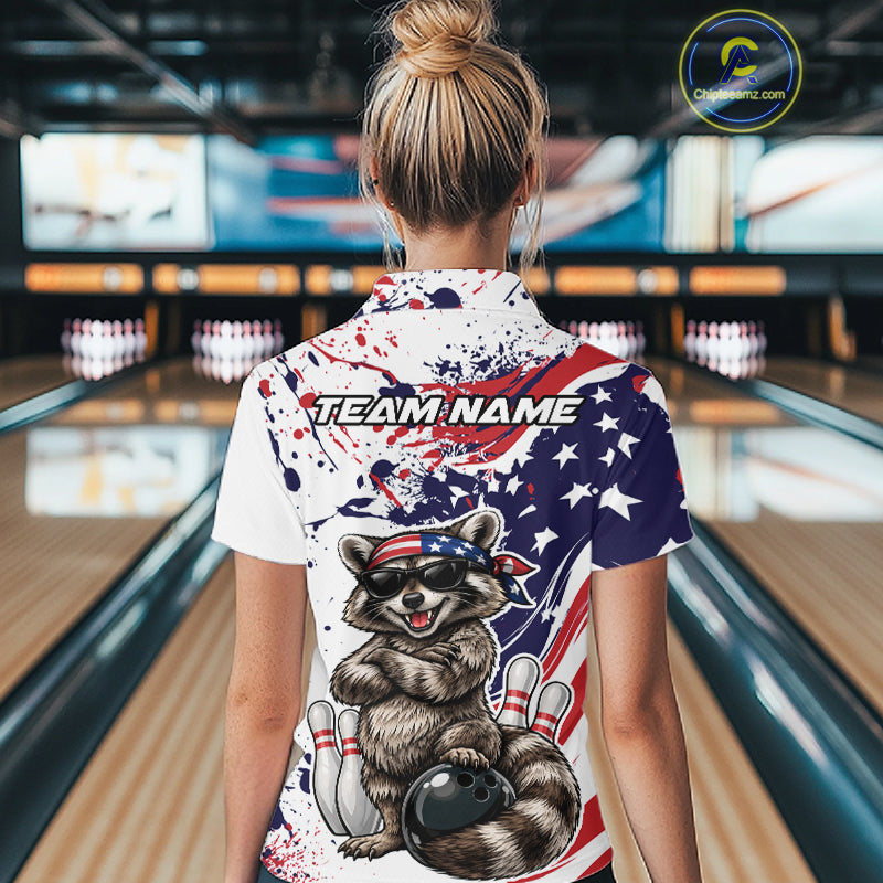 Custom Patriotic Funny Raccoon Bowling Women Polo Shirt, Splatter US Flag Bowling Jersey IPHW12159
