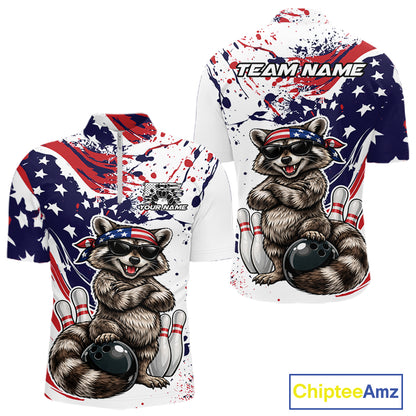 Custom Patriotic Funny Raccoon Bowling Men Quarter Zip Shirt, Splatter US Flag Bowling Jersey IPHW12159