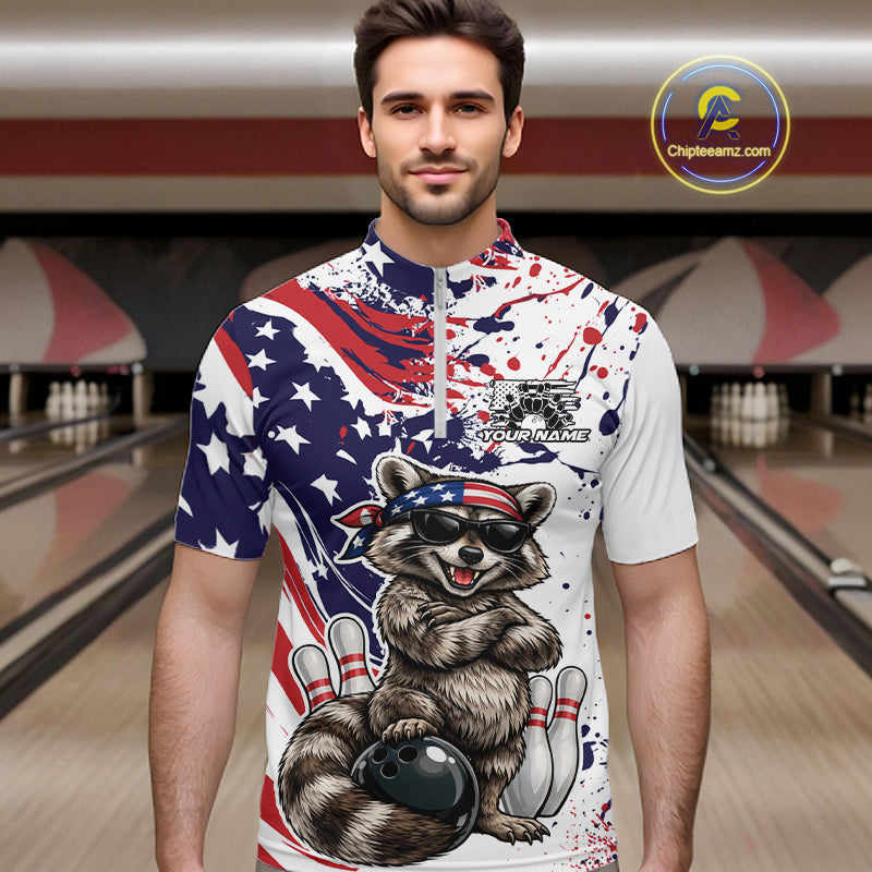 Custom Patriotic Funny Raccoon Bowling Men Quarter Zip Shirt, Splatter US Flag Bowling Jersey IPHW12159