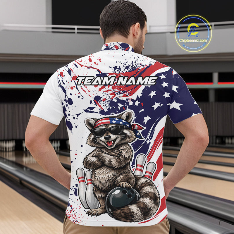 Custom Patriotic Funny Raccoon Bowling Men Quarter Zip Shirt, Splatter US Flag Bowling Jersey IPHW12159