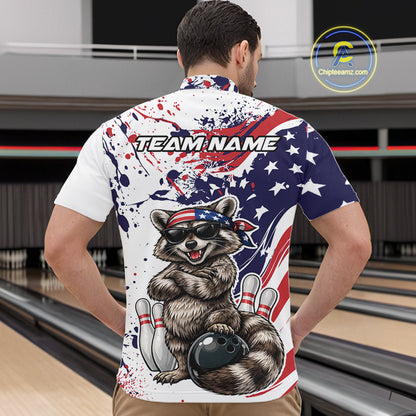 Custom Patriotic Funny Raccoon Bowling Men Quarter Zip Shirt, Splatter US Flag Bowling Jersey IPHW12159