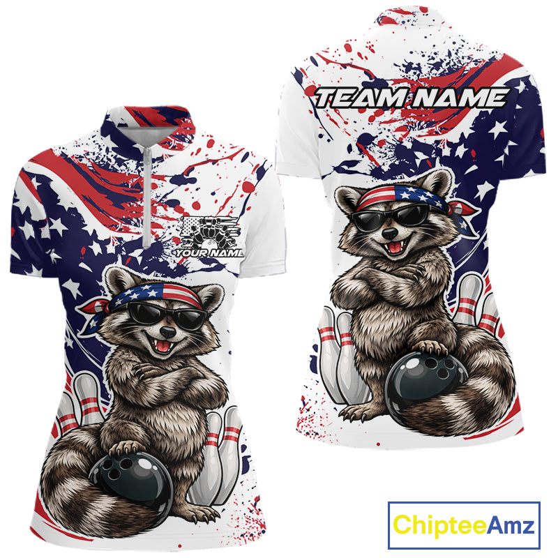 Custom Patriotic Funny Raccoon Bowling Women Quarter-Zip Shirt, US Flag Bowling Jersey IPHW12159