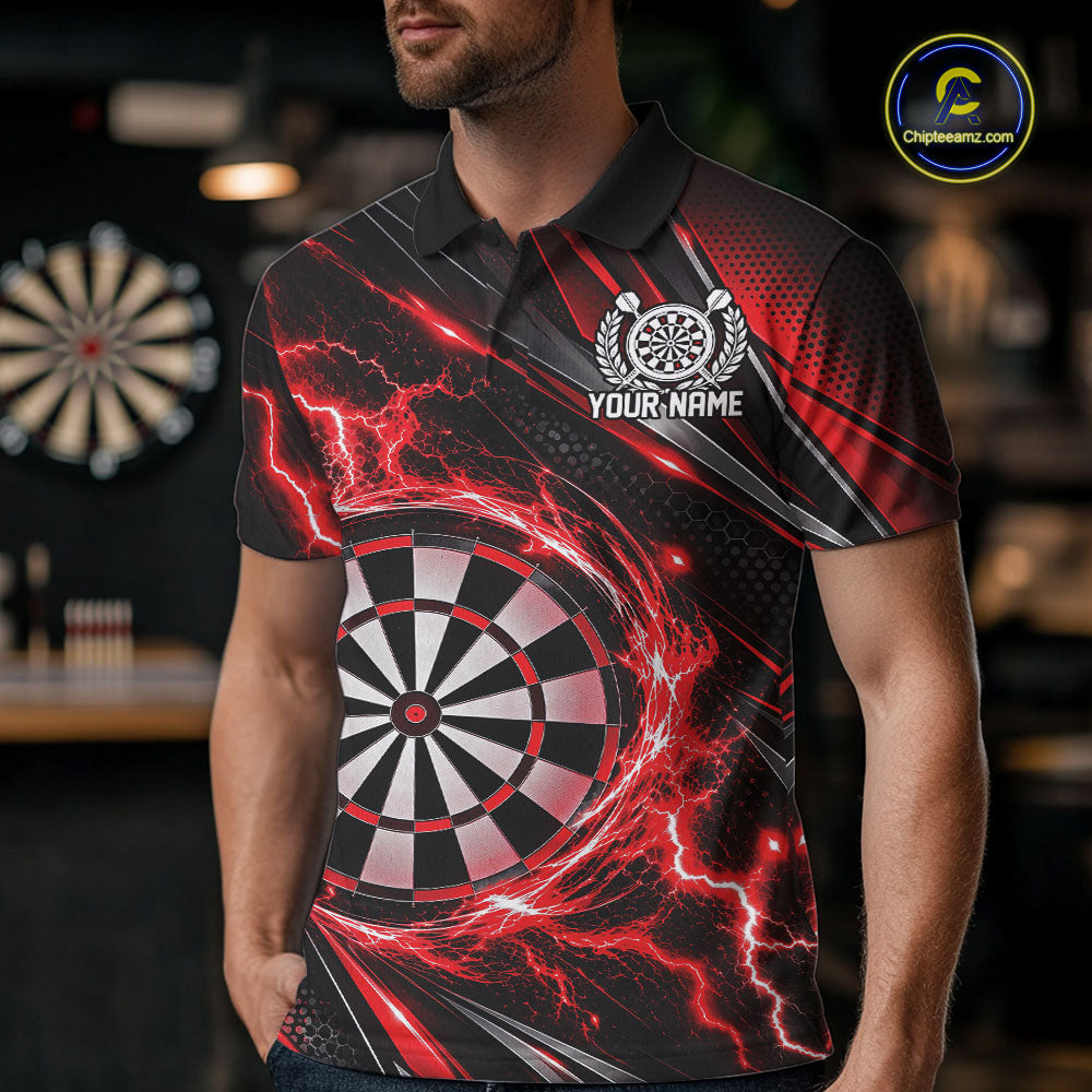 Custom Black And Red Thunder Lightning Dart Jersey Dart Men Polo Shirt For Team IPHW12546