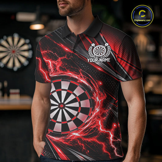 Custom Black And Red Thunder Lightning Dart Jersey Dart Men Polo Shirt For Team IPHW12546