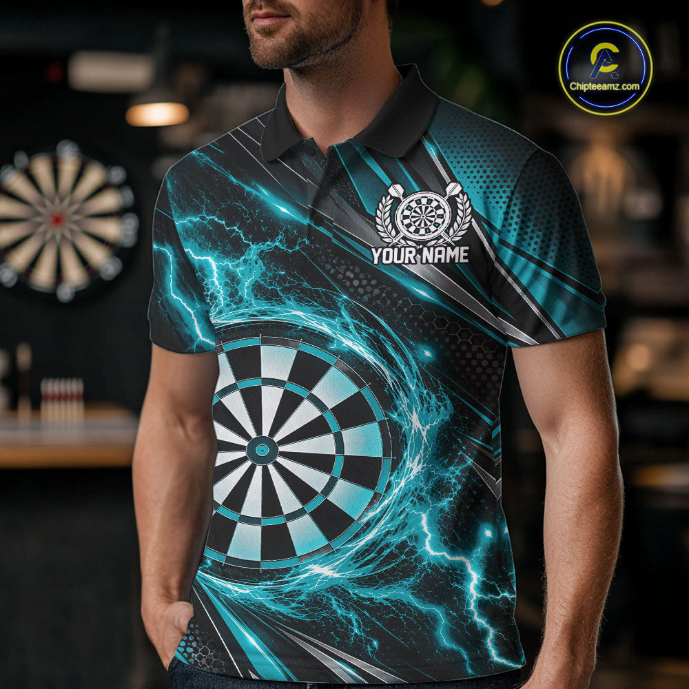 Custom Black And Turquoise Thunder Lightning Dart Jersey Dart Men Polo Shirt For Team IPHW12547