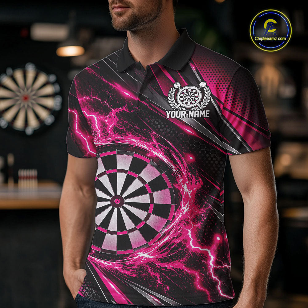 Custom Black And Pink Thunder Lightning Dart Jersey Dart Men Polo Shirt For Team IPHW12548