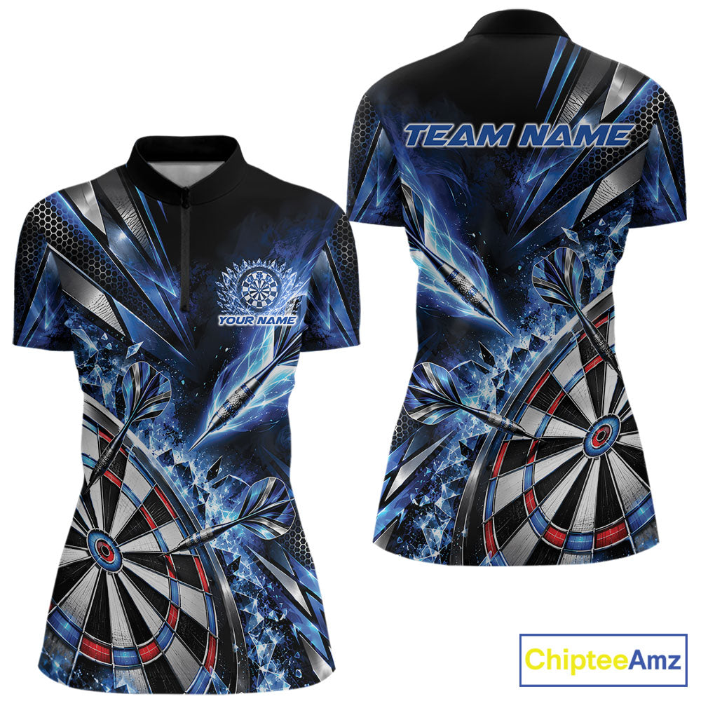 Custom Blue Ice Crystal Dart Women Quarter-Zip Shirt, Dart Team Jersey Matching Outfit IPHW12560