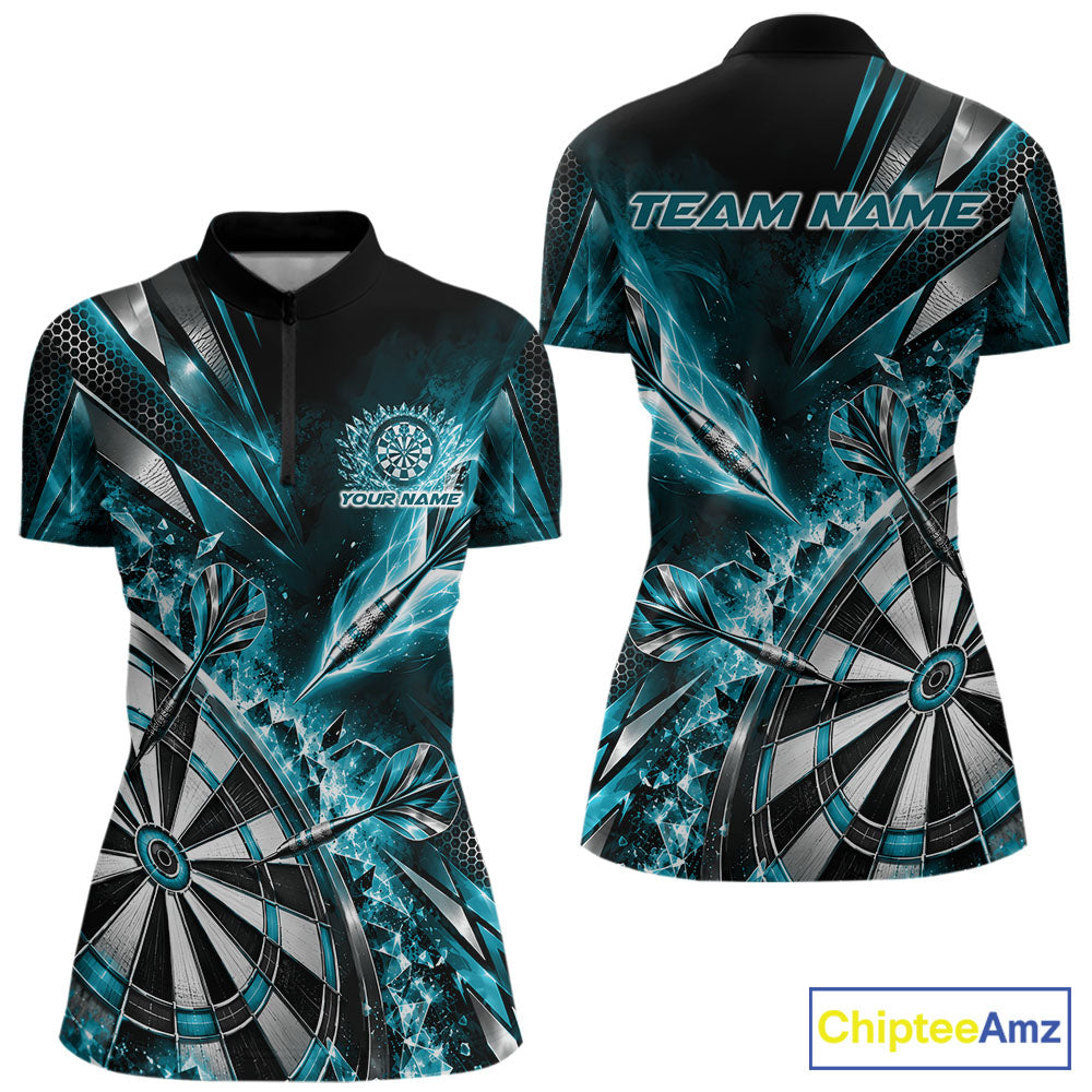 Custom Teal Blue Ice Crystal Dart Women Quarter-Zip Shirt, Dart Team Jersey IPHW12561