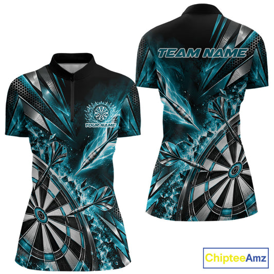Custom Teal Blue Ice Crystal Dart Women Quarter-Zip Shirt, Dart Team Jersey IPHW12561