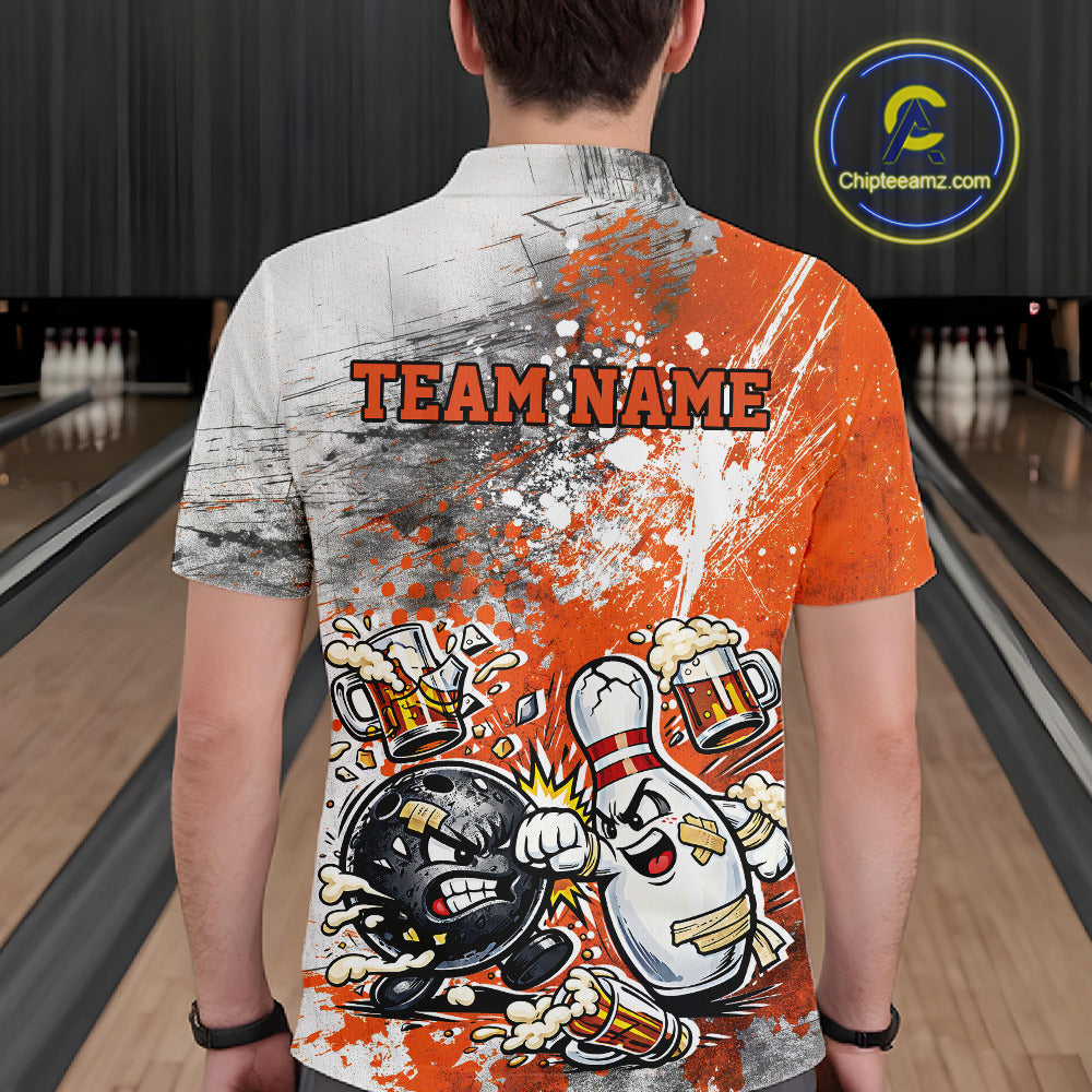 Back view of a male model in a bowling lane wearing an orange and white grunge splatter polo shirt featuring playful cartoon bowling action design.