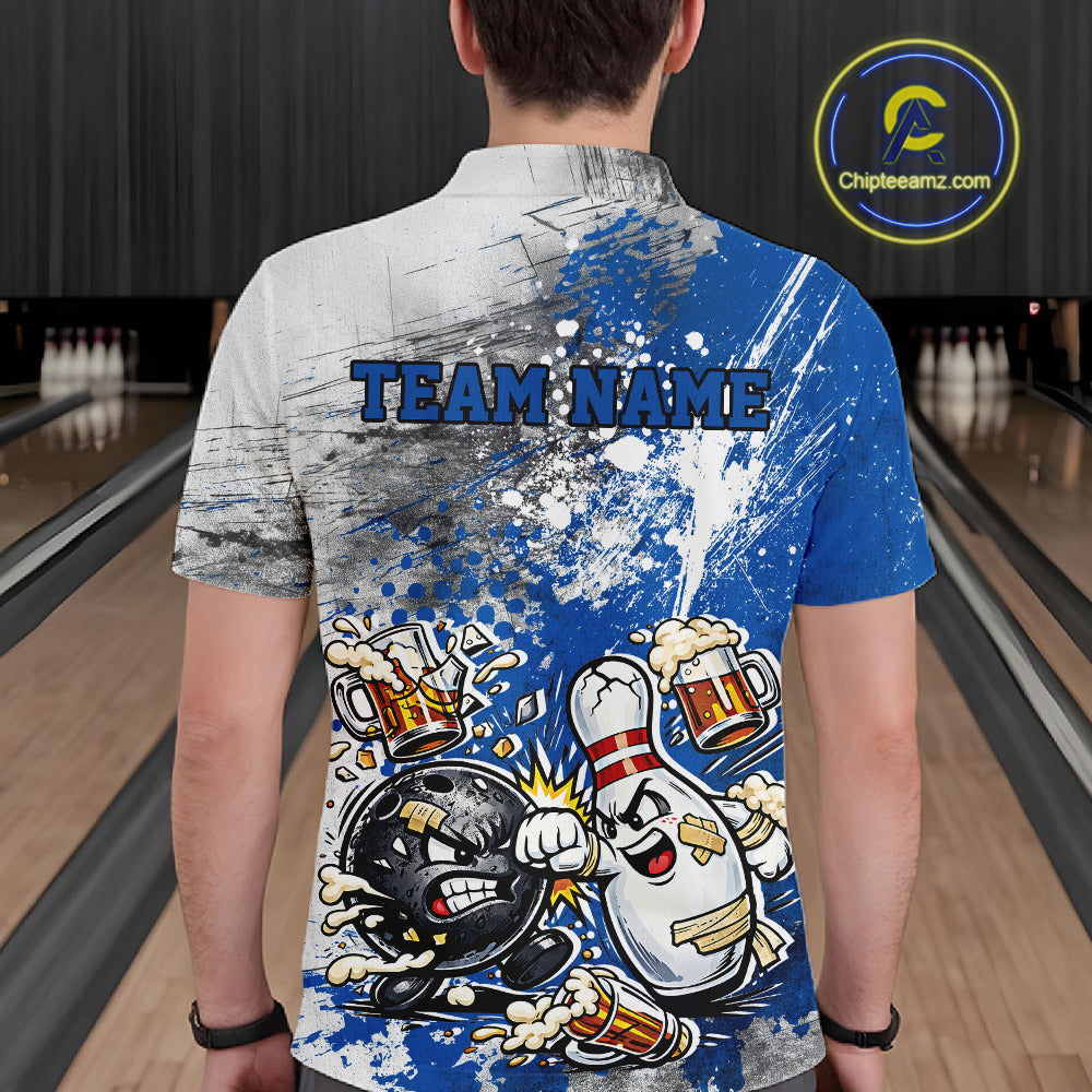 Back view of a male model in a bowling lane wearing a blue and white grunge splatter polo shirt featuring playful cartoon bowling action graphics.