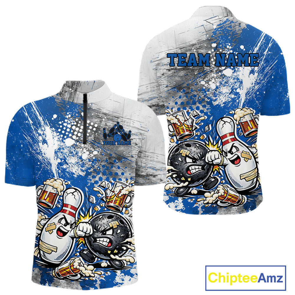 Front and back view of a mens bowling quarter-zip shirt mockup with blue and white grunge splatter background and playful cartoon bowling ball and pin fighting scene.