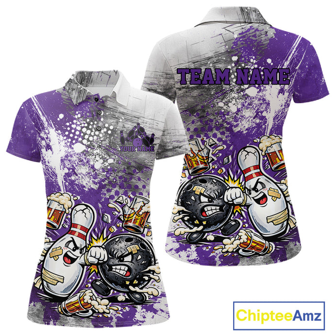 Front and back view of a womens polo shirt mockup featuring a purple and white grunge splatter background with a funny cartoon bowling ball and pin fist-fighting illustration.