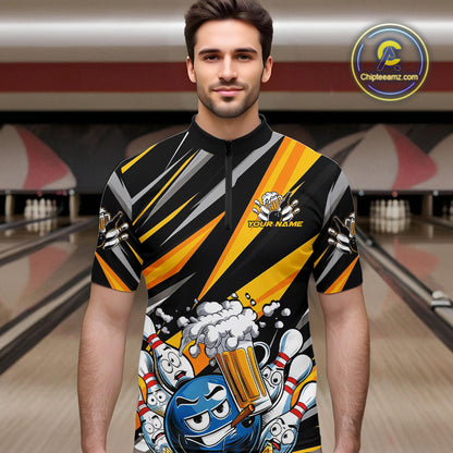 Custom Black And Yellow Funny Bowling And Beer Party Quarter-Zip Shirts For Men, Bowler Outfit IPHW9830