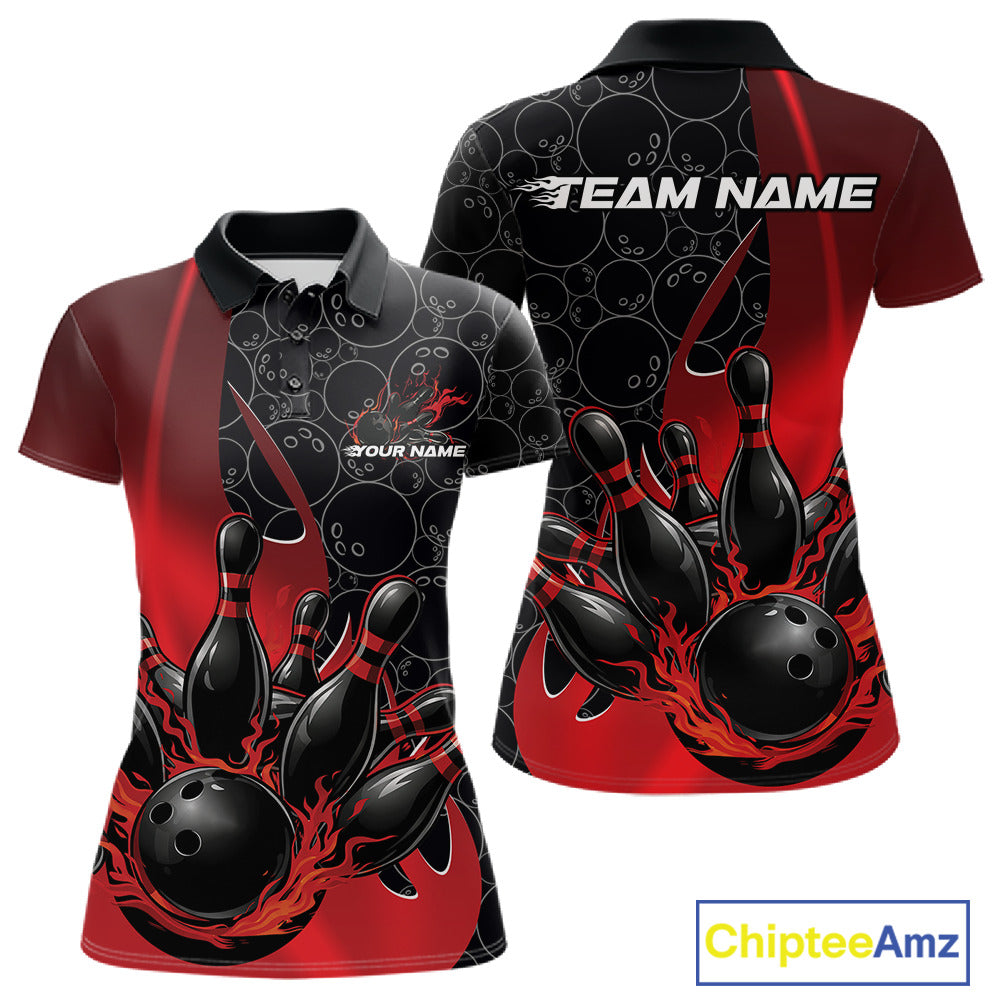 Front and back view of a womens black and red polo shirt mockup featuring gradient bowling ball pattern with flaming black bowling ball striking pins dynamic sports design.
