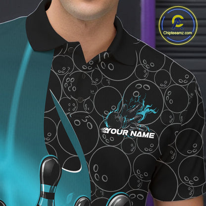 Close-up view of the left chest of a black and blue bowling polo shirt showing gradient bowling ball pattern with flaming bowling strike detail.