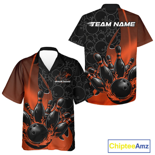 Front and back view of a black and orange button-up bowling shirt mockup featuring flaming black bowling ball striking pins with dynamic gradient sports design.