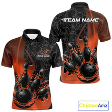 Load image into Gallery viewer, Custom Black And Orange Flame Bowling Team Men Polo Shirt, Bowling Ball Pattern Jerseys IPHW11279