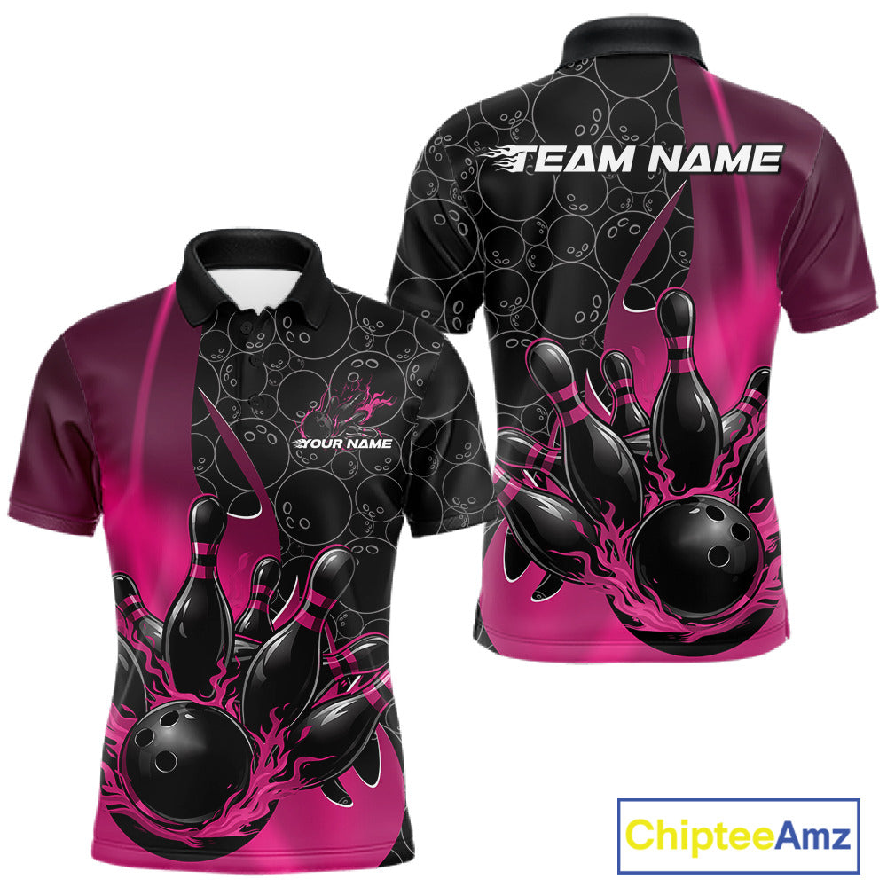 Front and back view of a mens black and pink bowling polo shirt mockup featuring gradient bowling ball pattern with flaming black bowling ball striking pins.