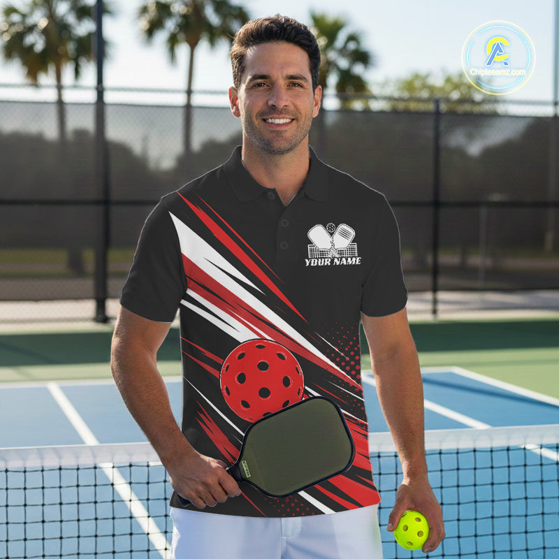 Custom Black And Red Pickleball Men Polo Shirt, Pickleball Tournament Team Shirt IPHW11890