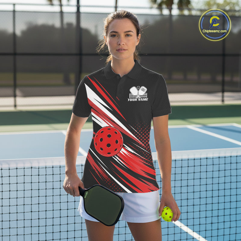 Custom Black And Red Pickleball Women Polo Shirt, Pickleball Tournament Team Shirt IPHW11890