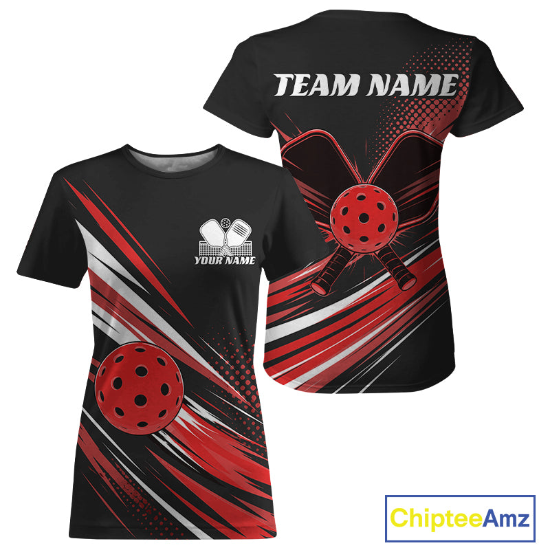 Custom Black And Red Pickleball Women T-Shirts, Pickleball Tournament Team IPHW11890