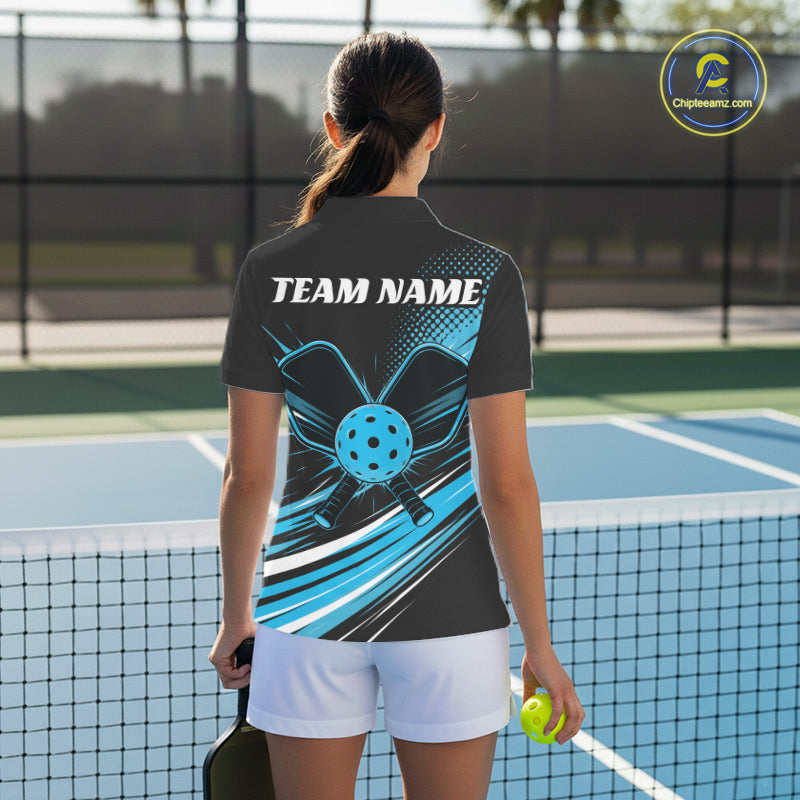 Custom Black And Blue Pickleball Women Polo Shirt, Pickleball Tournament Team Shirt IPHW11891