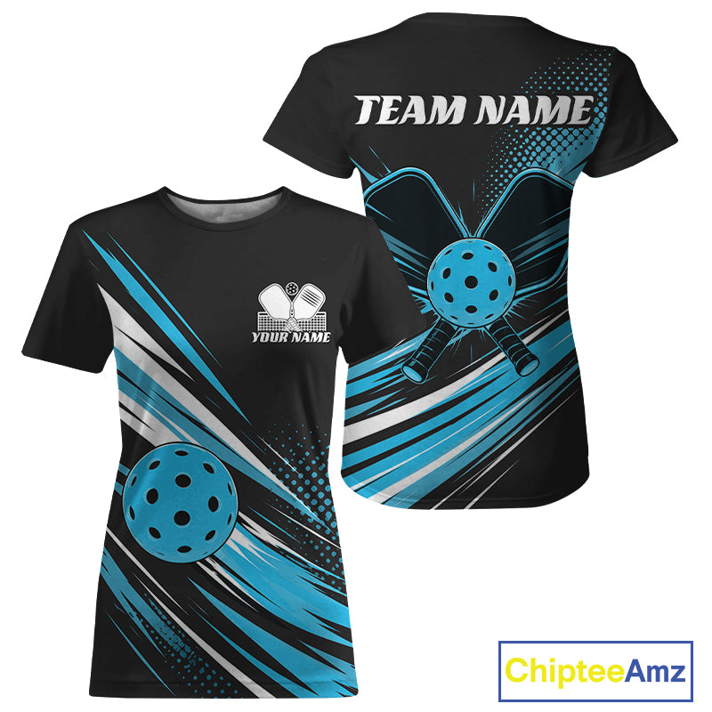 Custom Black And Blue Pickleball Women T-Shirts, Pickleball Tournament Team IPHW11891