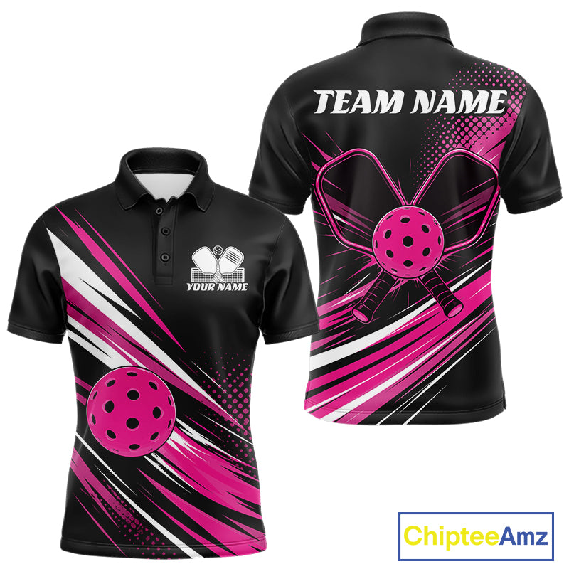 Custom Black And Pink Pickleball Men Polo Shirt, Pickleball Tournament Team Shirt IPHW11892