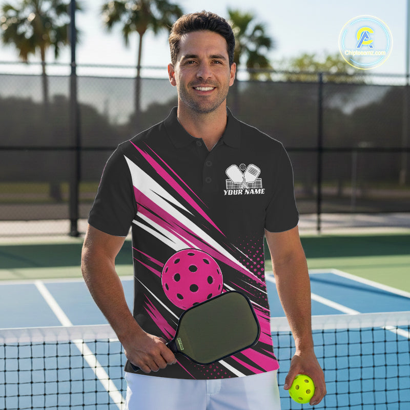 Custom Black And Pink Pickleball Men Polo Shirt, Pickleball Tournament Team Shirt IPHW11892
