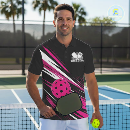 Custom Black And Pink Pickleball Men Polo Shirt, Pickleball Tournament Team Shirt IPHW11892