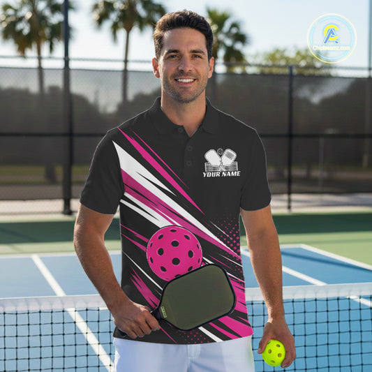 Custom Black And Pink Pickleball Men Polo Shirt, Pickleball Tournament Team Shirt IPHW11892