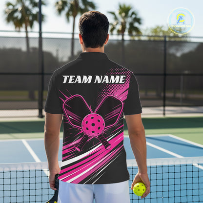 Custom Black And Pink Pickleball Men Polo Shirt, Pickleball Tournament Team Shirt IPHW11892