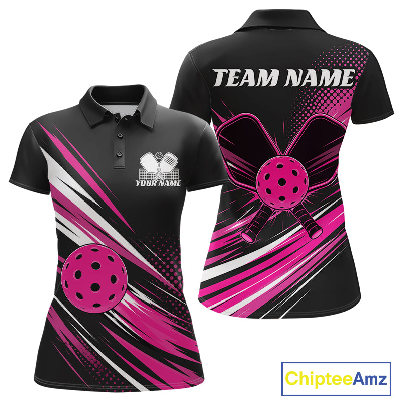 Custom Black And Pink Pickleball Women Polo Shirt, Pickleball Tournament Team Shirt IPHW11892
