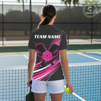 Custom Black And Pink Pickleball Women Polo Shirt, Pickleball Tournament Team Shirt IPHW11892