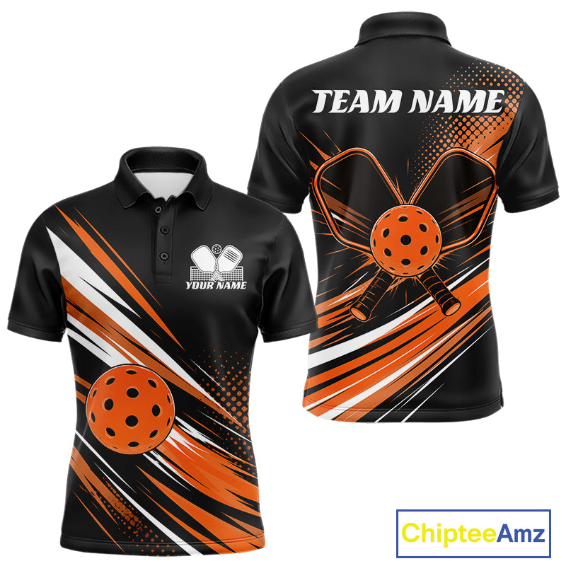 Custom Black And Orange Pickleball Men Polo Shirt, Pickleball Tournament Team Shirt IPHW11893