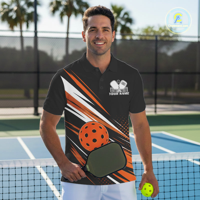 Custom Black And Orange Pickleball Men Polo Shirt, Pickleball Tournament Team Shirt IPHW11893