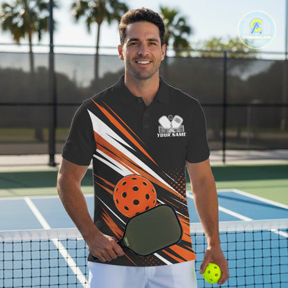 Custom Black And Orange Pickleball Men Polo Shirt, Pickleball Tournament Team Shirt IPHW11893
